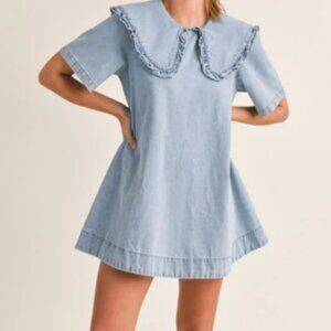 Peter Pan Collar Denim Mini Dress with Ruffle Detail - Amable by Mable